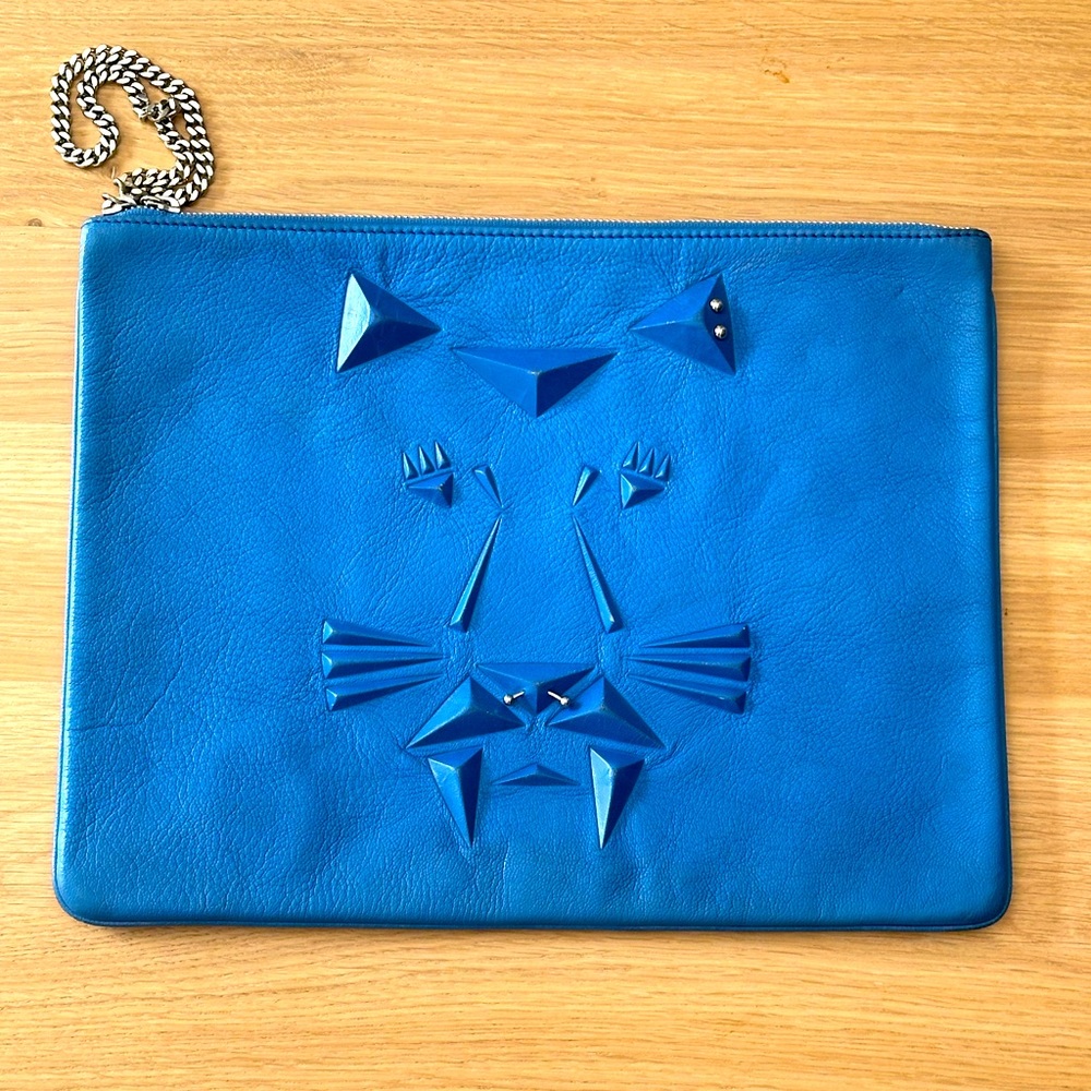 Leather pierced cat clutch or pouch in blue with silver hardware